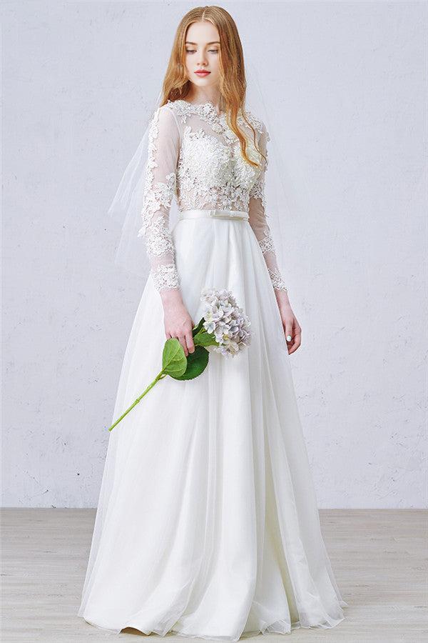 A-Line Long Sleeve Bridal Gown New Arrival Tulle Lace Floor Length Wedding Dress