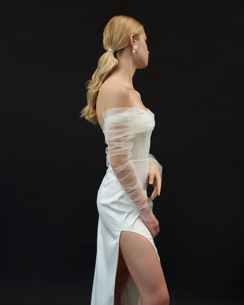 Minimalistic Wedding Dress With Sleeves Off-shoulder Minimalistic Wedding Dress Elegant Satin Wedding Dress