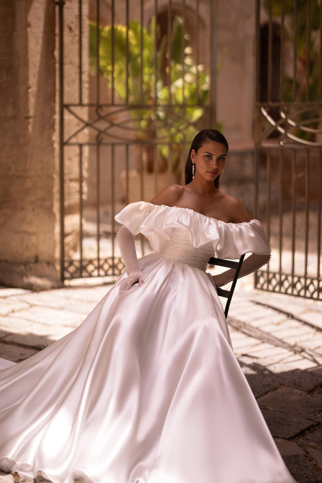 Off-Shoulder Satin Wedding Gown with Corset and Train White Bridal Dress