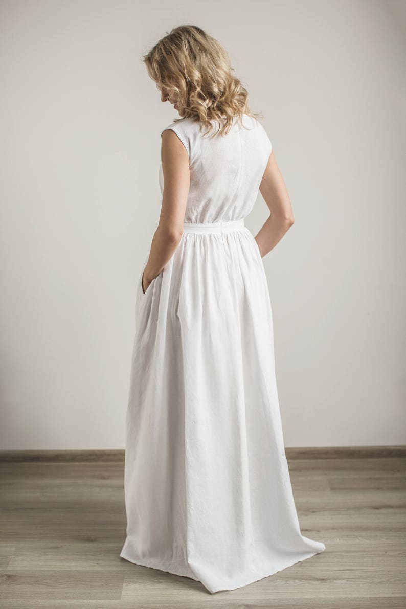 Linen Grecian Wedding Dress Elegant Boat Neck Bridal Dress Minimalist Wedding Gown Simple A -Line Wedding Dress Modest Bride Dress