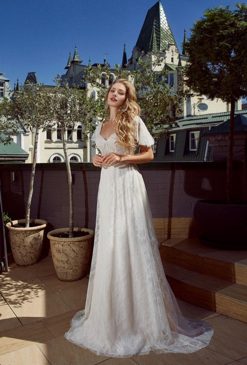 Lace wedding dress short sleeve bridal gown rustic or bohemian wedding A-line delicate dress