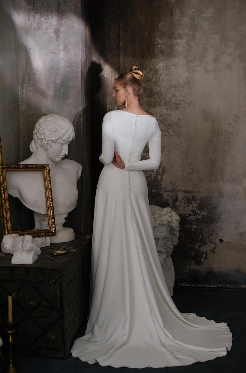 Long sleeve and high back crepe wedding dress Simple winter bridal gown reception dress modern wedding dress