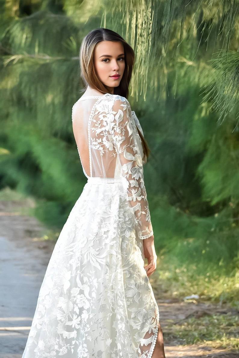 Long Sleeve Bohemian Wedding Dress with V Neckline A Line Wedding Dress Boho Wedding Gown with Embroidered Lace Lace Boho Dress