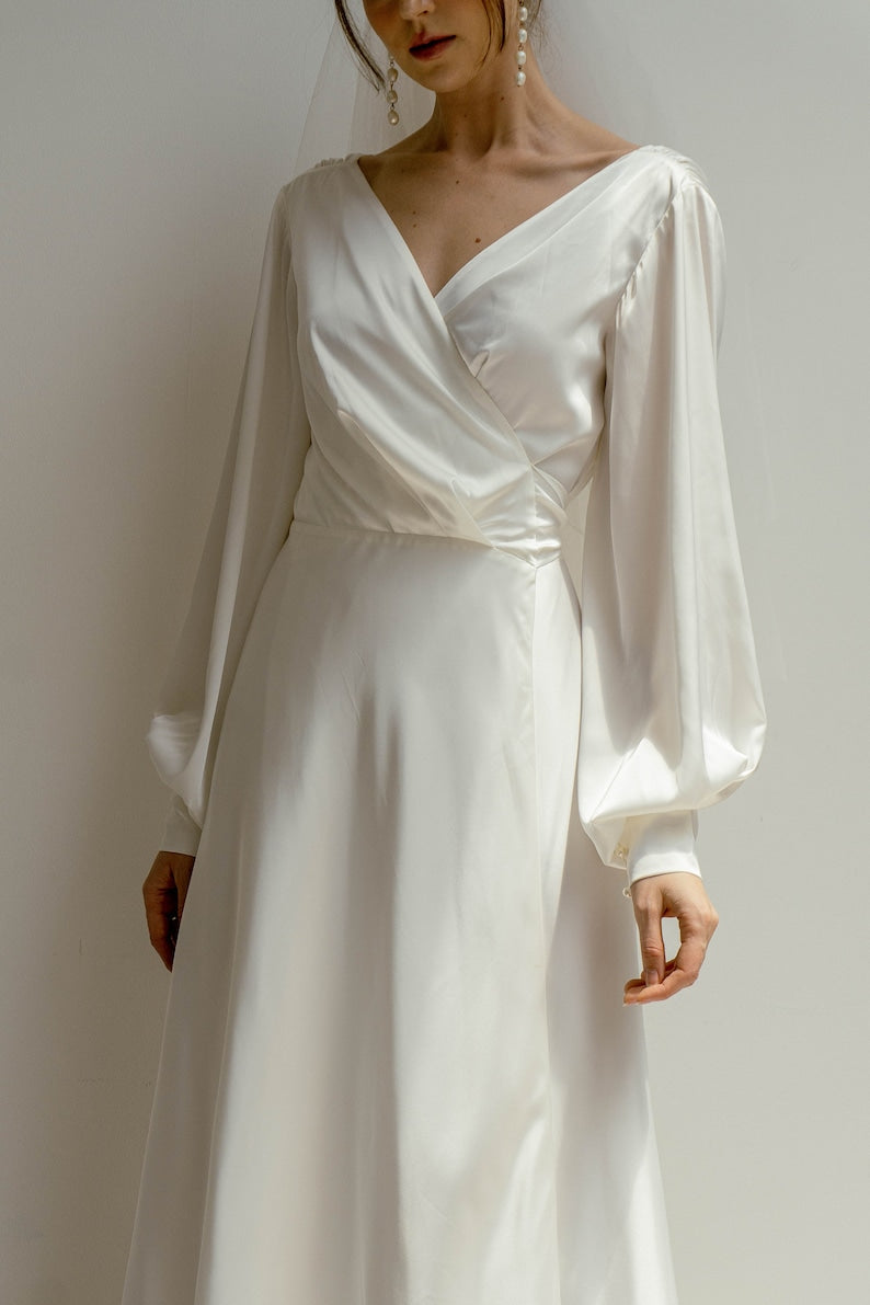 Floor Length Dress With Train Long Sleeves Satin Wrap Dress Minimalist Wedding Dress