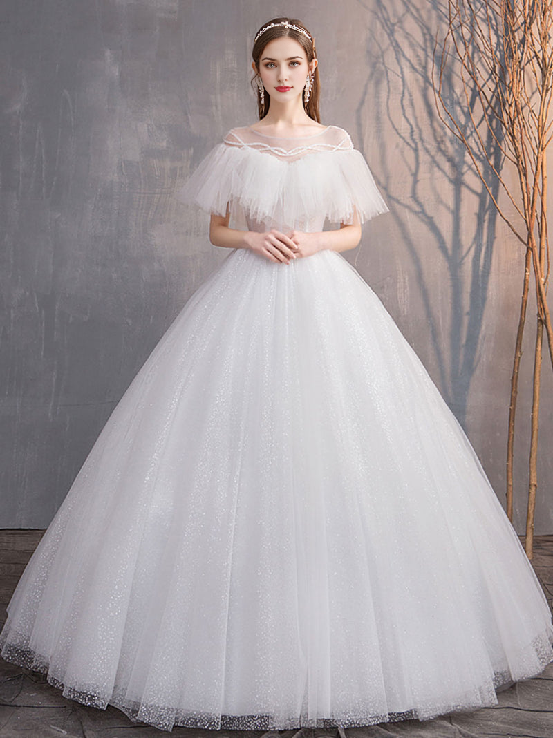 Round Neck Tulle Long Wedding Dress White Tulle Long Bridal Dress
