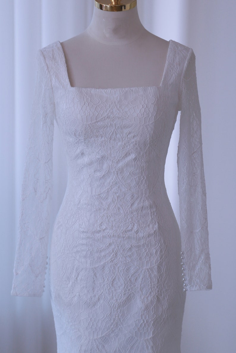 Square neck lace wedding dress with long sleeves fit mermaid bridal dress with small train wedding gown lace bridal dress beach wedding