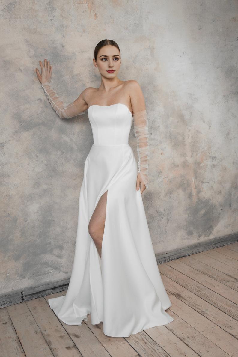 A Line Wedding Dress With Detachable Tulle Sleeves Minimalist Modern Wedding Dress