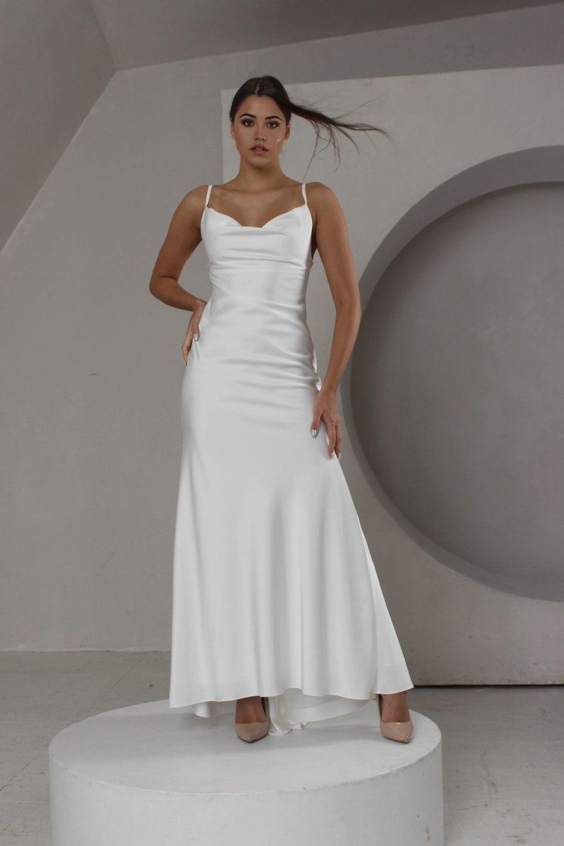 French Crep Wedding Dress With Cowl Neck For Special Occasion Elopement Dress With Low Cowl Back Rehearsal Dinner Backless Simple Crep Dress