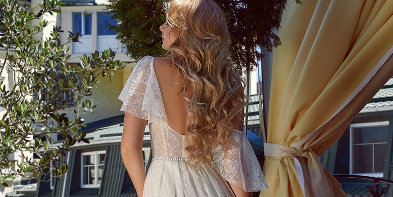 Lace wedding dress short sleeve bridal gown rustic or bohemian wedding A-line delicate dress