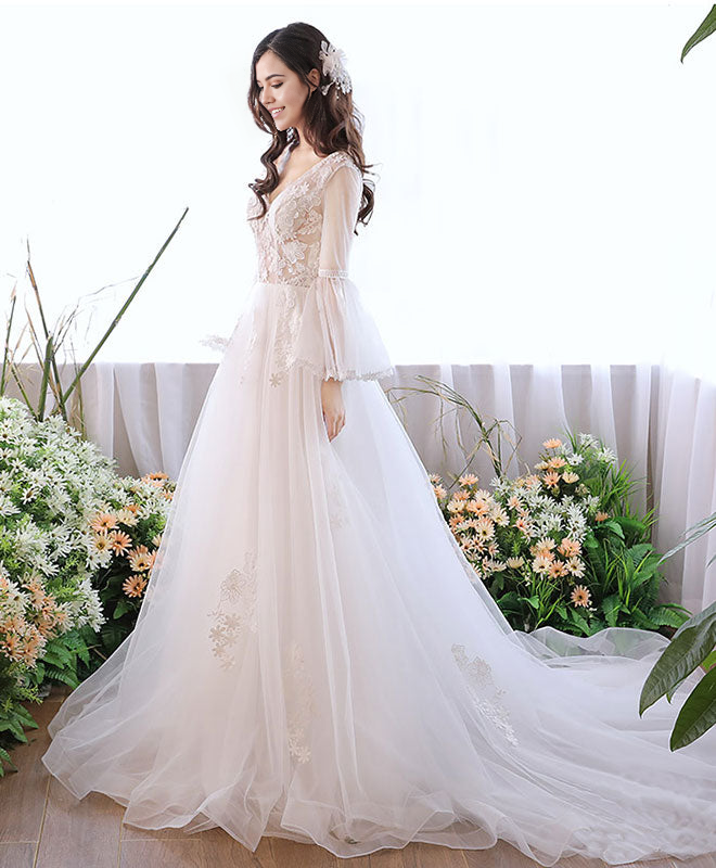 V Neck Tulle Lace Long Prom Dress White Evening Dress
