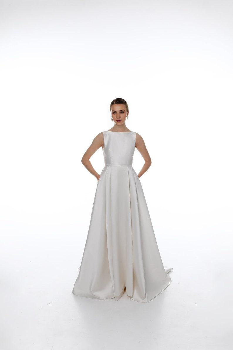 Elegant Satin Wedding Dress With Floral Lace Open Back Simple Wedding Dress A-line Modest Wedding Dress Ballgown Wedding Dress