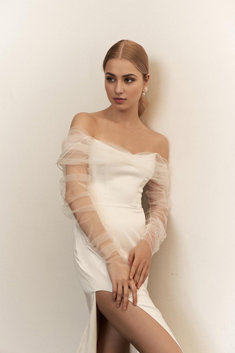 Minimalistic Wedding Dress With Sleeves Off-shoulder Minimalistic Wedding Dress Elegant Satin Wedding Dress