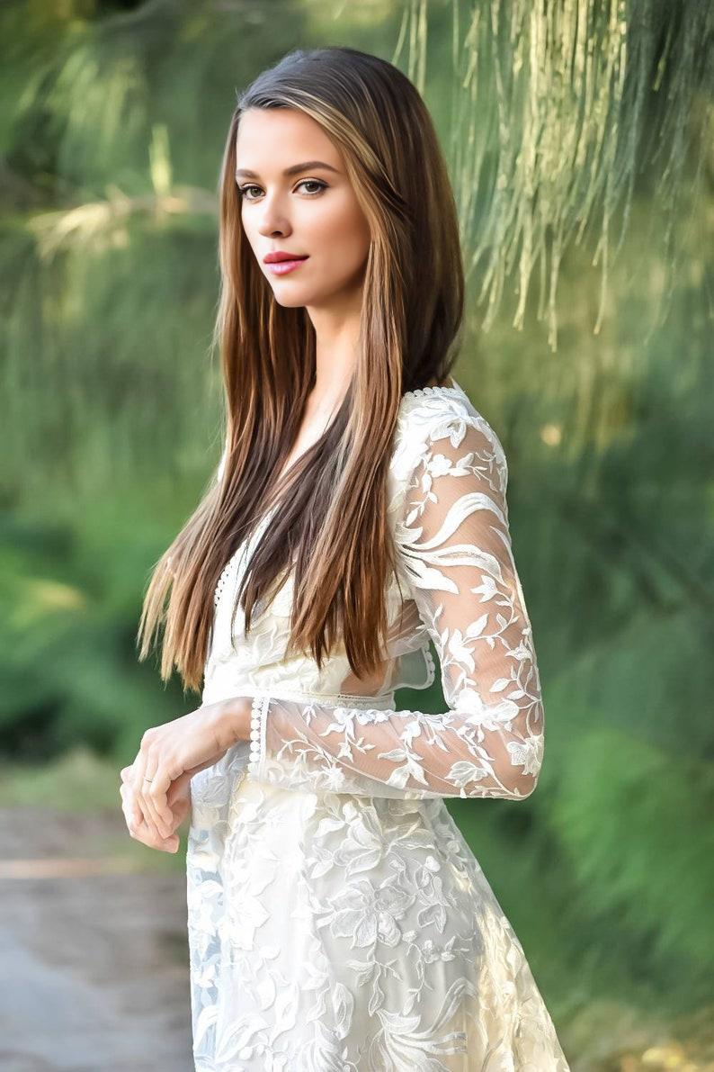 Long Sleeve Bohemian Wedding Dress with V Neckline A Line Wedding Dress Boho Wedding Gown with Embroidered Lace Lace Boho Dress
