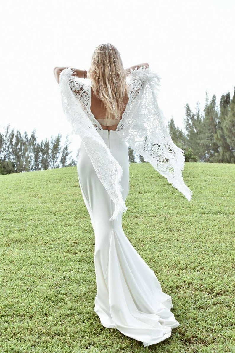 Bohemian Wedding Dress with Embroidered Lace Boho Style Wedding Dress Mermaid Wedding Dress Simple White Lace Dress Beach Wedding Dress