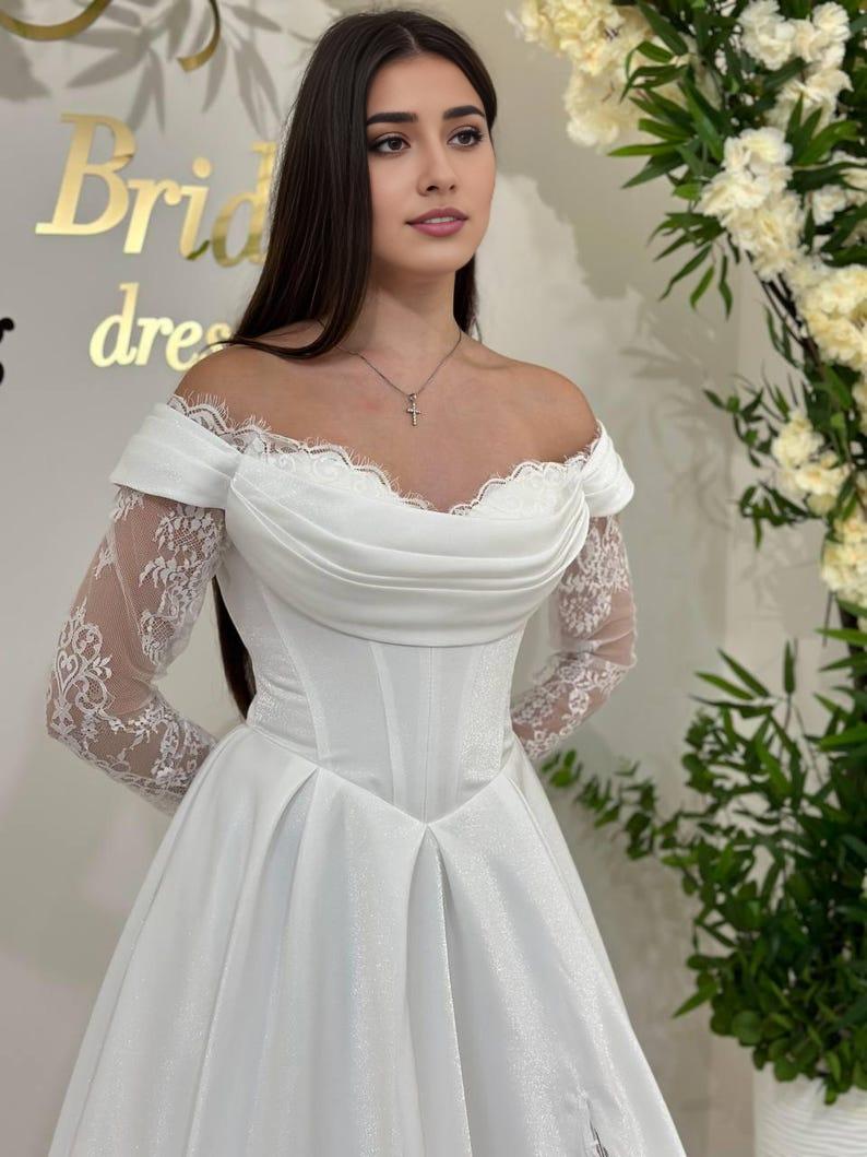 Lace Up Off Shoulder Wedding Gown Corset Wedding Dress Off White Satin Maxi Bridal Gown Long Sleeve Slit Bridal Dress