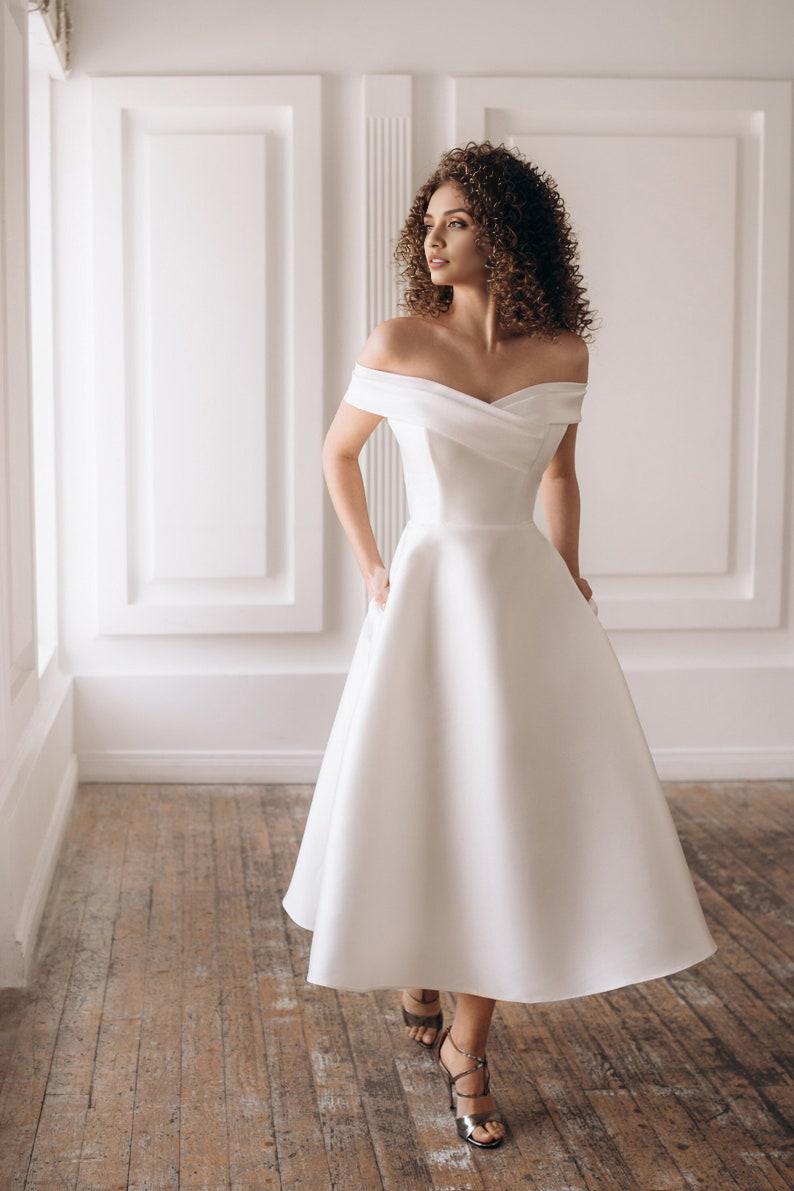 Wedding Dress Minimalist Satin Bridal Gown Tea Length Cocktail Or Prom Dress