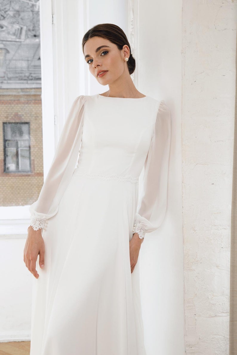 Wedding Dress Gabriella Long Sleeve High Neck Chiffon Bridal Gown