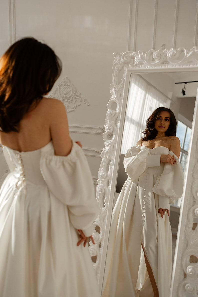 Off White Wedding Dress Simple Elopement Dress Corset Dress With Sleeves Satin Wedding Gown