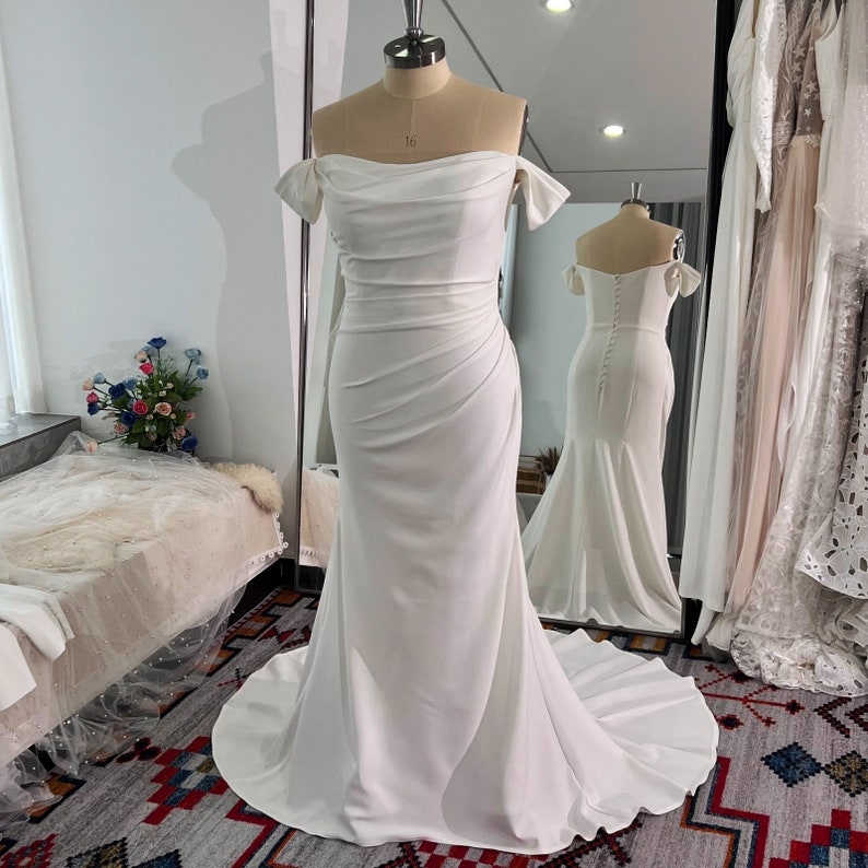 Pleated stretch crepe gown with White Wedding Dress Juliette sleeves