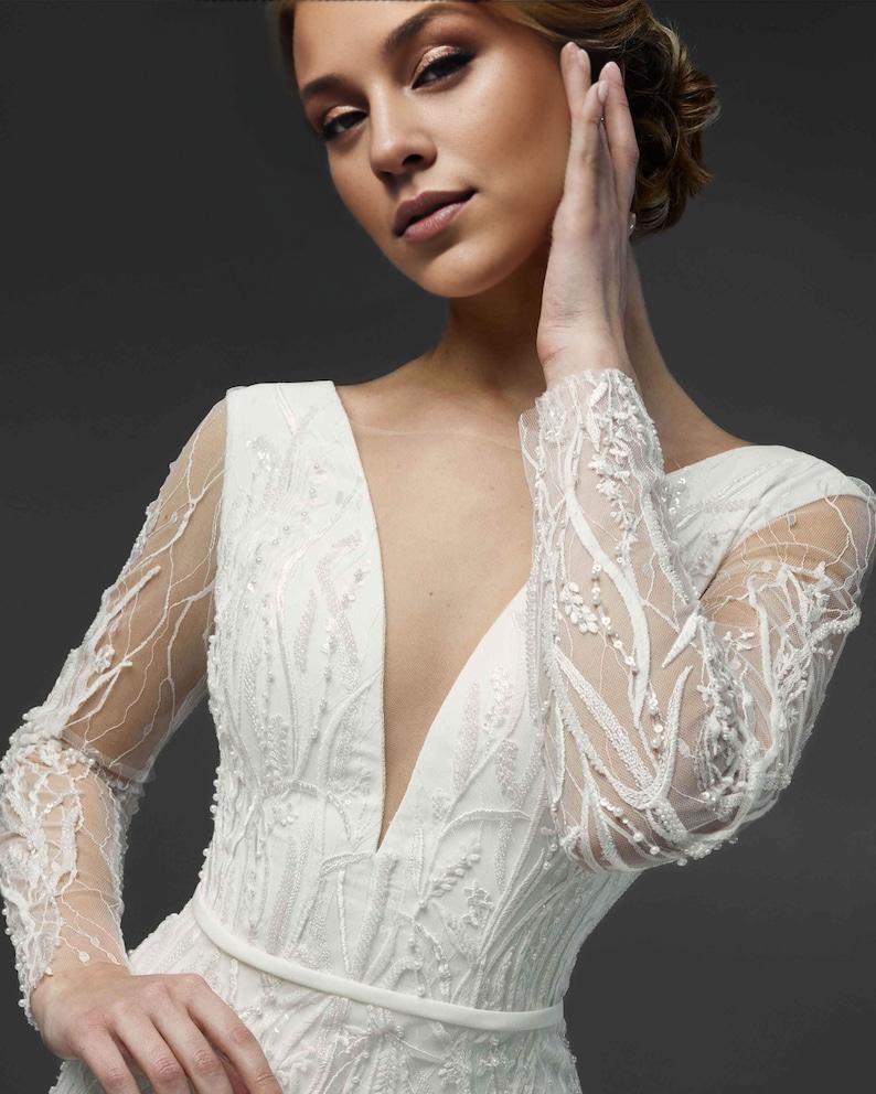 Elegant Mermaid Bridal Gown Backless With Long Sleeves Luxury Bridal Gown Custom Wedding Dresses Dainty V Neck Bridal Dress With Train