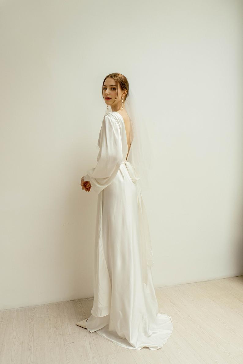 Floor Length Dress With Train Long Sleeves Satin Wrap Dress Minimalist Wedding Dress