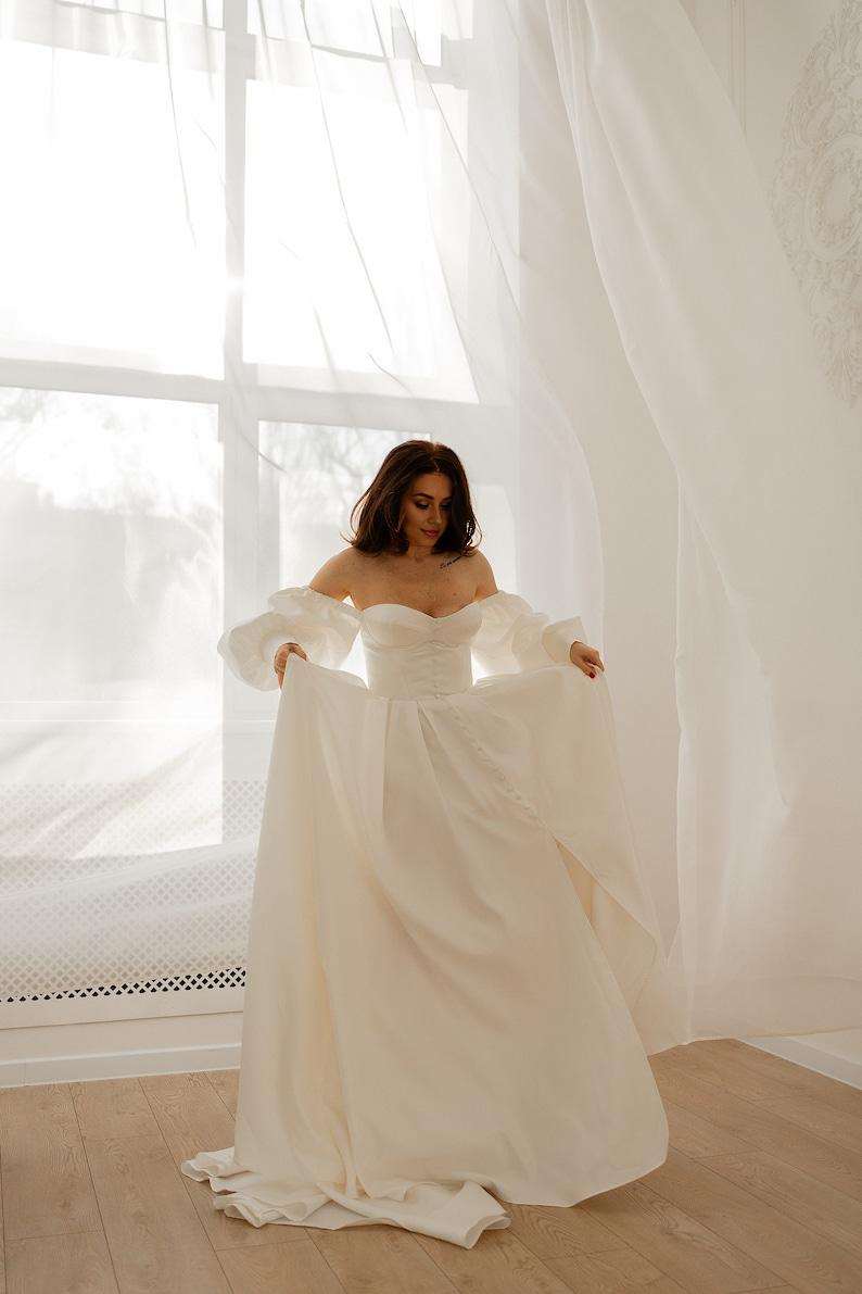 Off White Wedding Dress Simple Elopement Dress Corset Dress With Sleeves Satin Wedding Gown