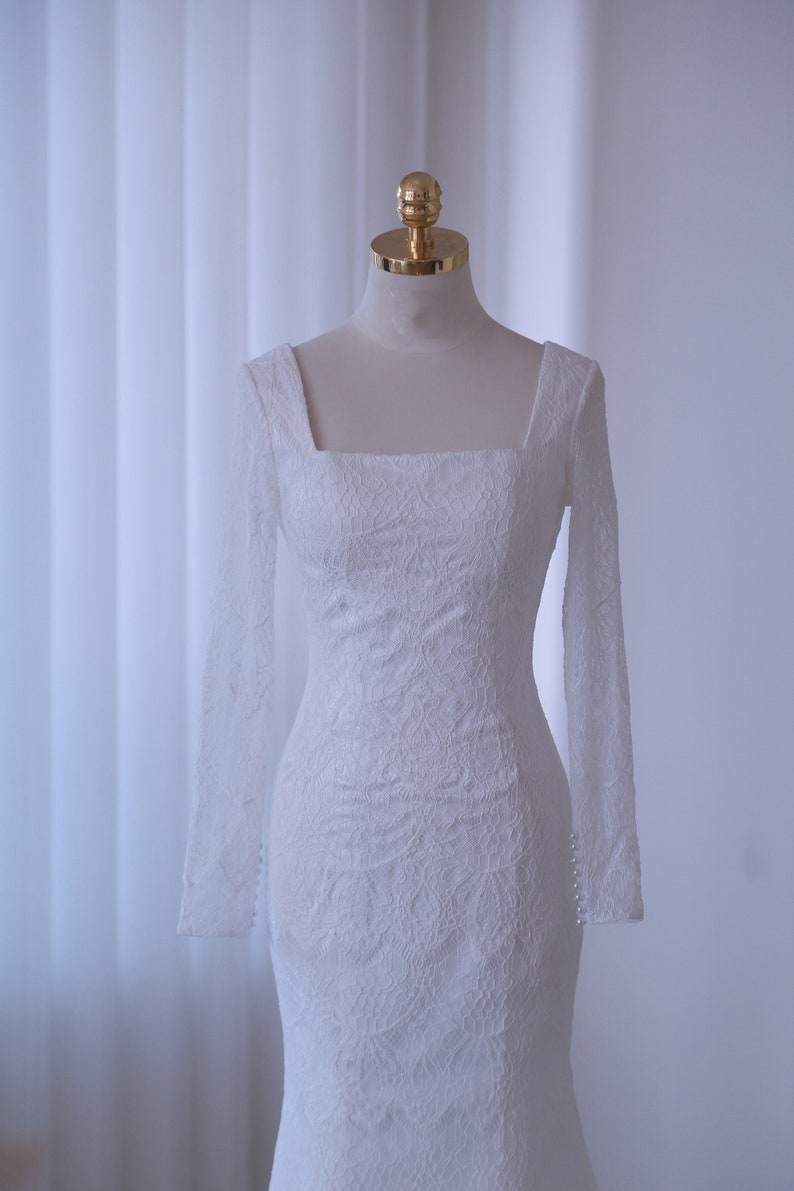 Square neck lace wedding dress with long sleeves fit mermaid bridal dress with small train wedding gown lace bridal dress beach wedding
