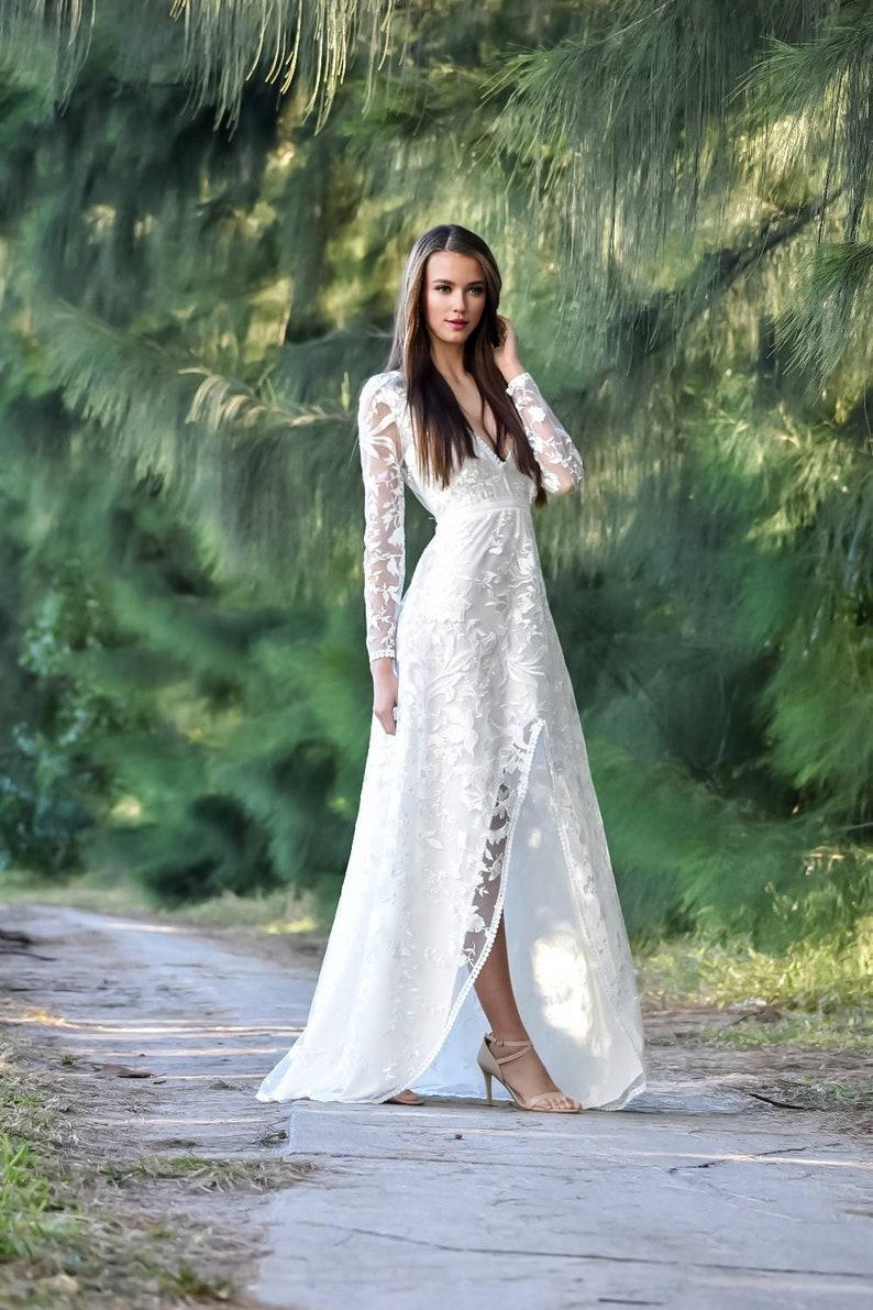 Long Sleeve Bohemian Wedding Dress with V Neckline A Line Wedding Dress Boho Wedding Gown with Embroidered Lace Lace Boho Dress
