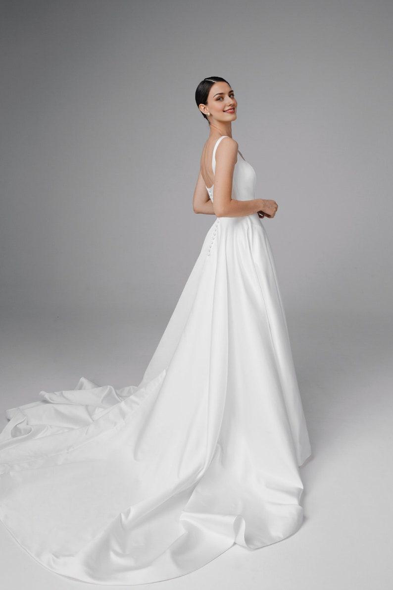 Satin low back wedding dress A-line wedding dress square neck wedding dress Satin wedding dress with pockets