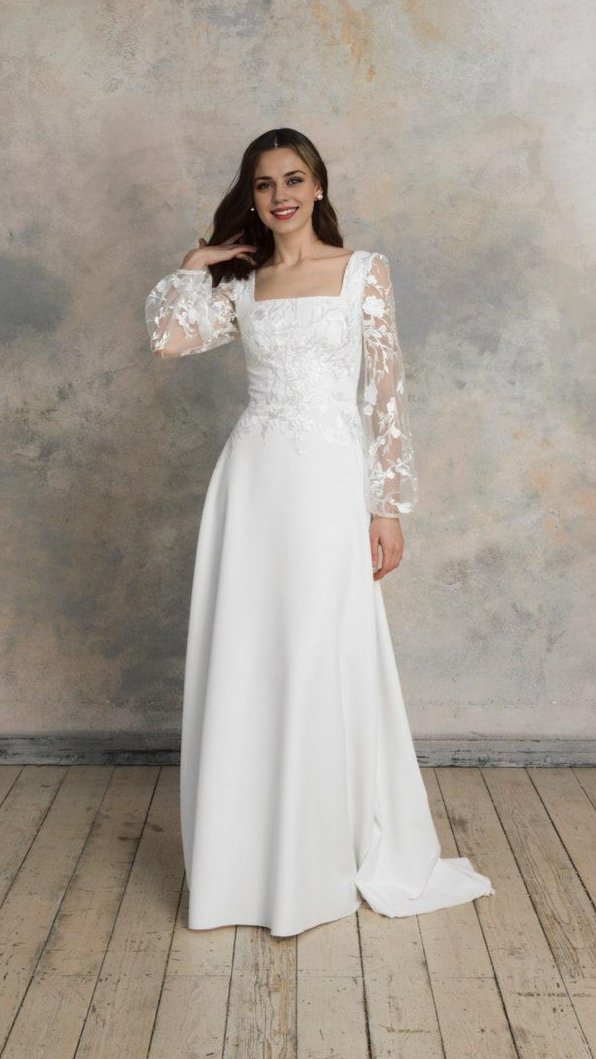 Square Neck Wedding Dress With Puff Sleeves Flower Lace A Line Wedding Dress