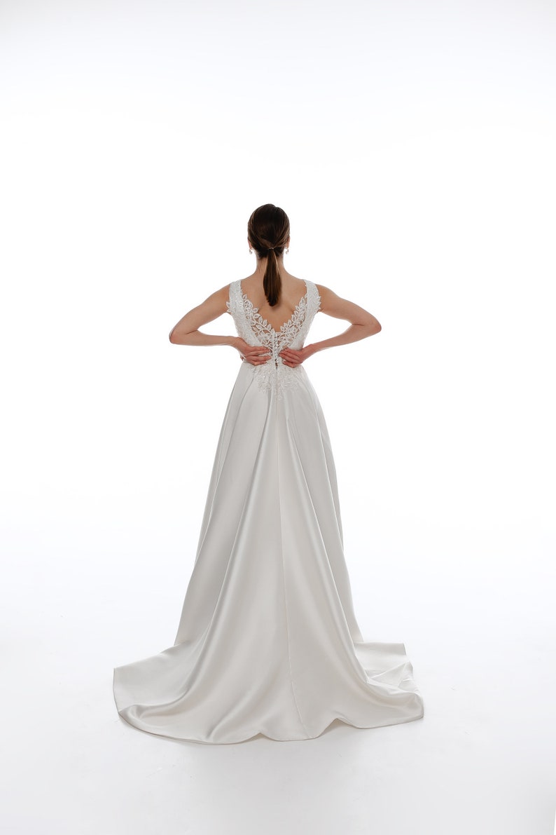 Elegant Satin Wedding Dress With Floral Lace Open Back Simple Wedding Dress A-line Modest Wedding Dress Ballgown Wedding Dress