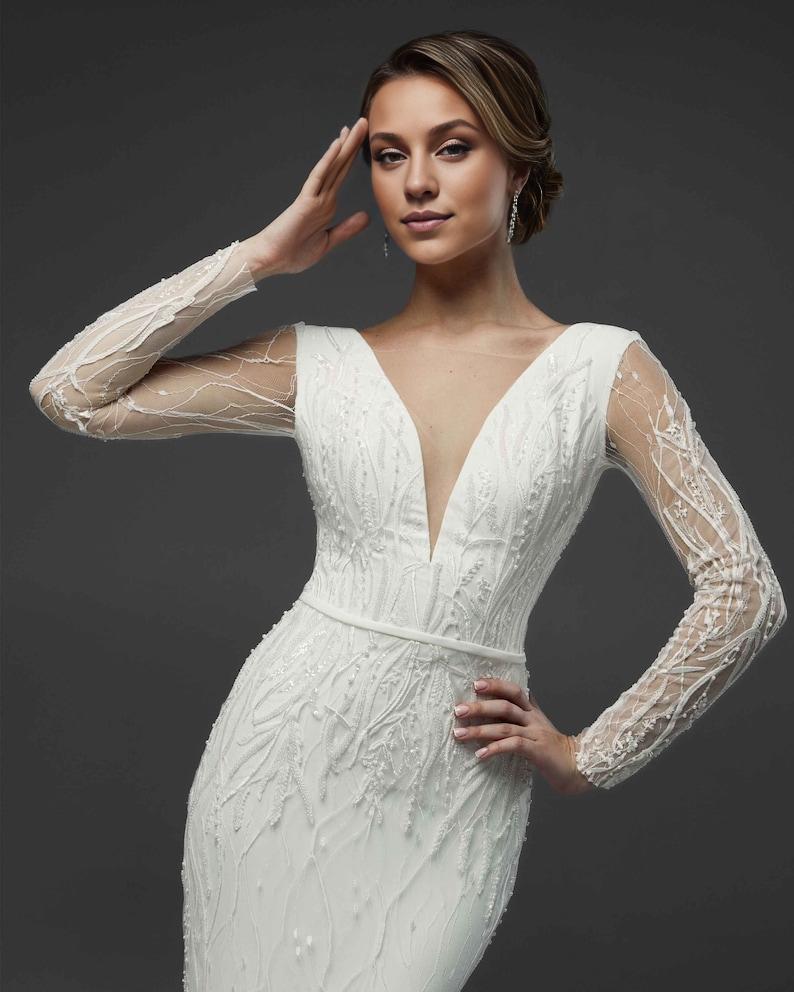 Elegant Mermaid Bridal Gown Backless With Long Sleeves Luxury Bridal Gown Custom Wedding Dresses Dainty V Neck Bridal Dress With Train