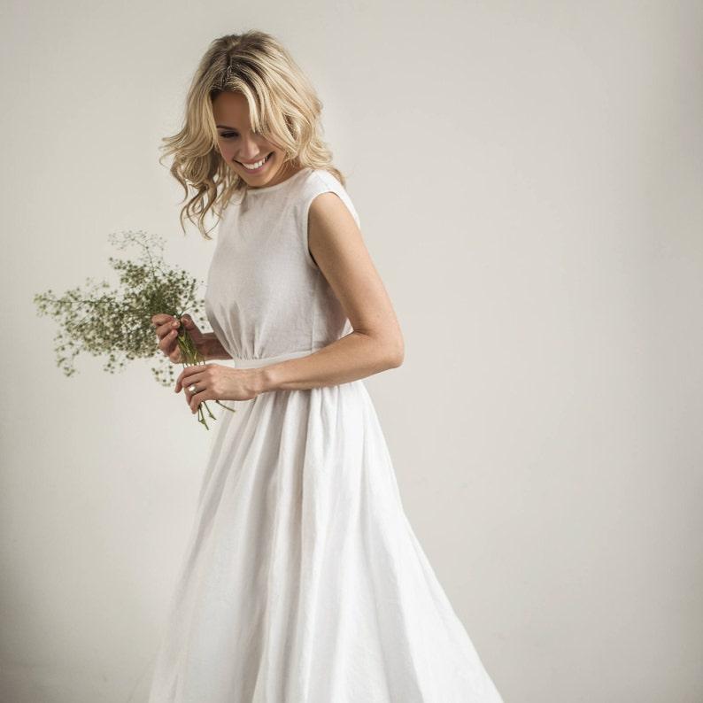 Linen Grecian Wedding Dress Elegant Boat Neck Bridal Dress Minimalist Wedding Gown Simple A -Line Wedding Dress Modest Bride Dress