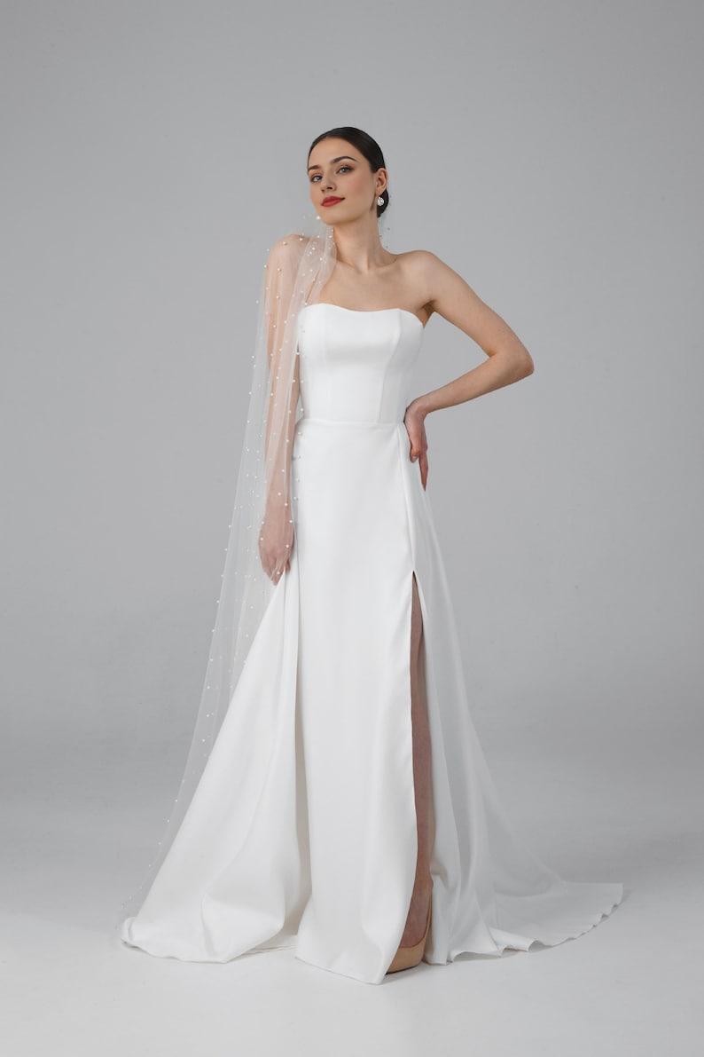 A Line Wedding Dress With Detachable Tulle Sleeves Minimalist Modern Wedding Dress