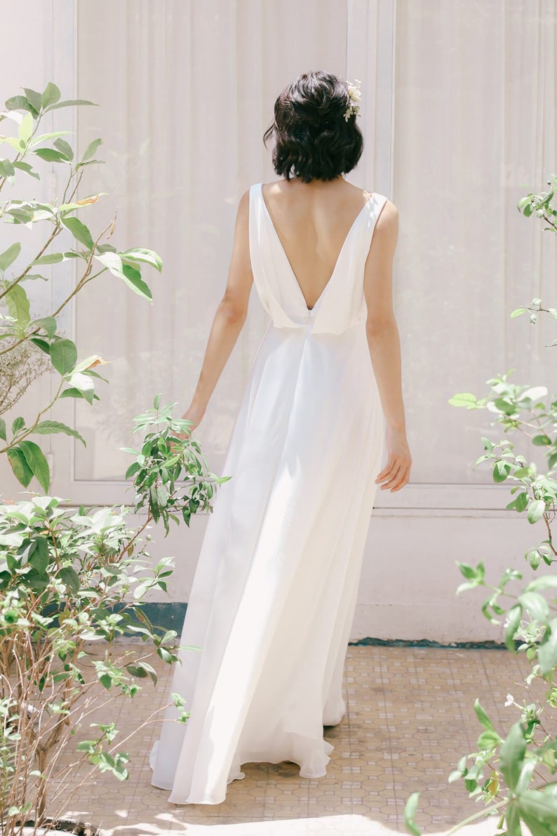 Chiffon Wedding Dress Cowl neck Wedding Dress Flowing Wedding Gown  A-line Dress  Open Back  Floor Length Dress