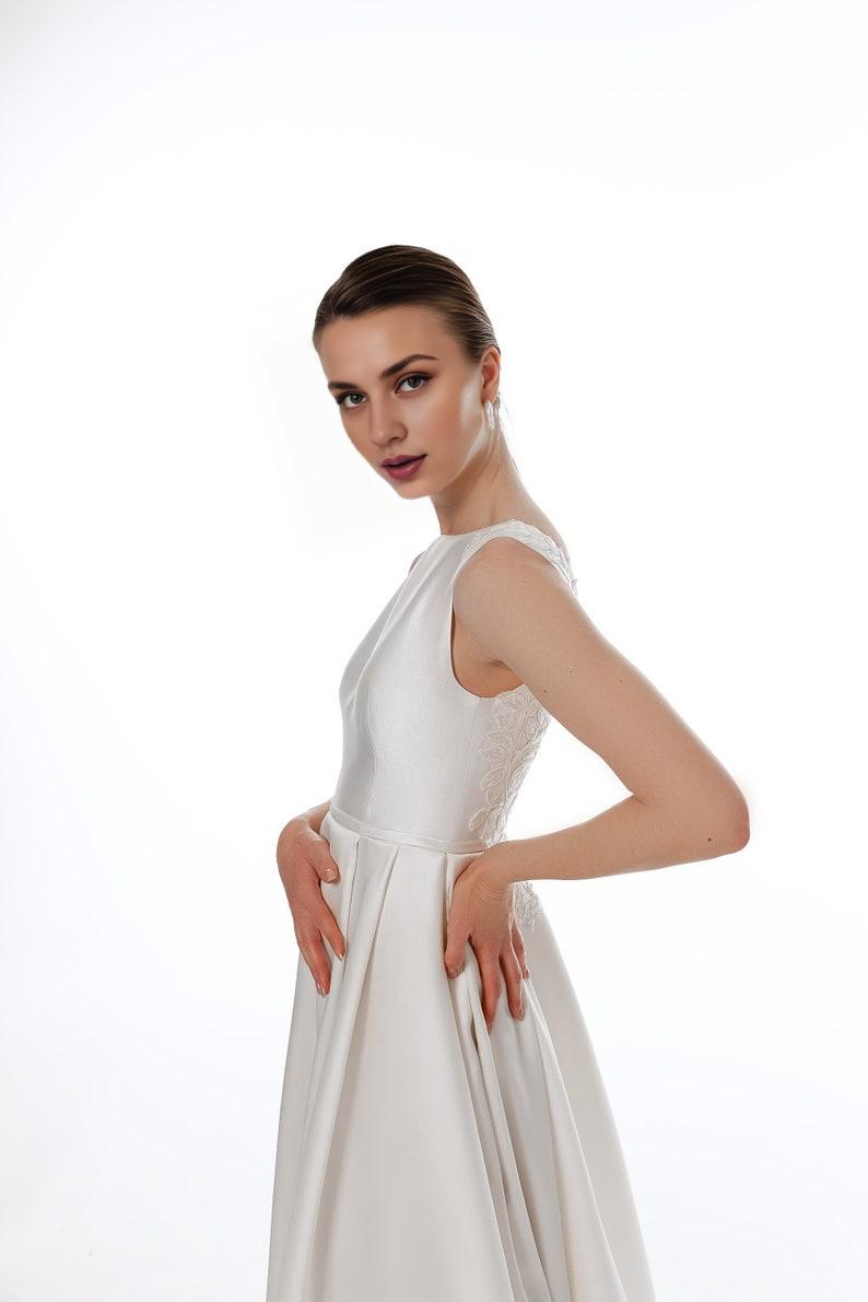 Elegant Satin Wedding Dress With Floral Lace Open Back Simple Wedding Dress A-line Modest Wedding Dress Ballgown Wedding Dress