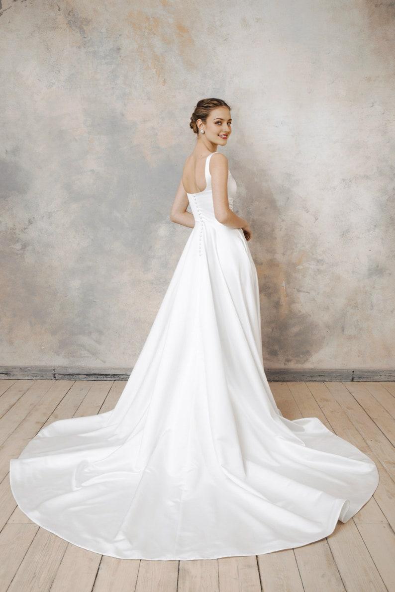 Satin low back wedding dress A-line wedding dress square neck wedding dress Satin wedding dress with pockets
