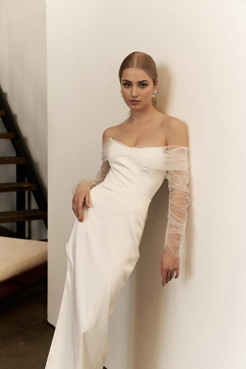 Minimalistic Wedding Dress With Sleeves Off-shoulder Minimalistic Wedding Dress Elegant Satin Wedding Dress