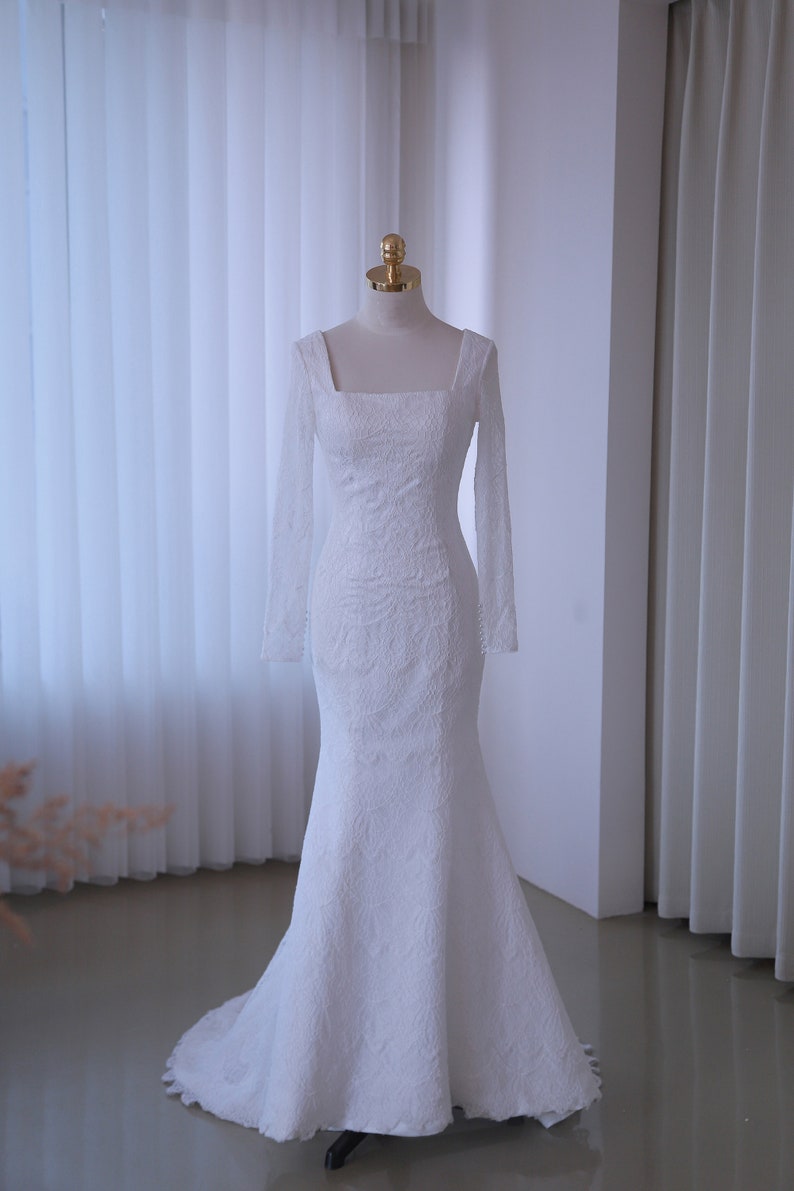Square neck lace wedding dress with long sleeves fit mermaid bridal dress with small train wedding gown lace bridal dress beach wedding