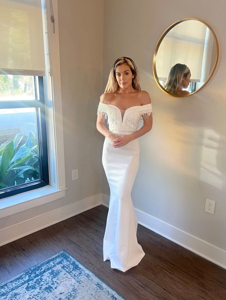 Mermaid Off Shoulder Appliques Wedding Reception Dress with