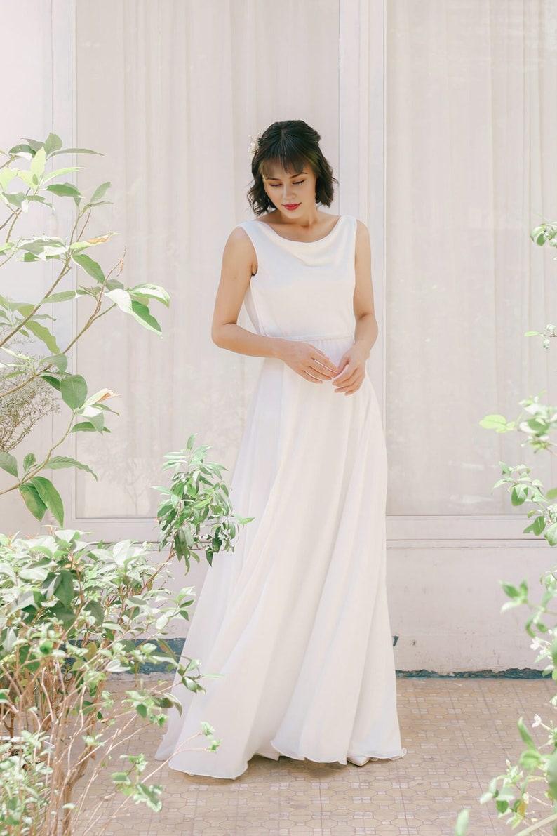 Chiffon Wedding Dress Cowl neck Wedding Dress Flowing Wedding Gown  A-line Dress  Open Back  Floor Length Dress
