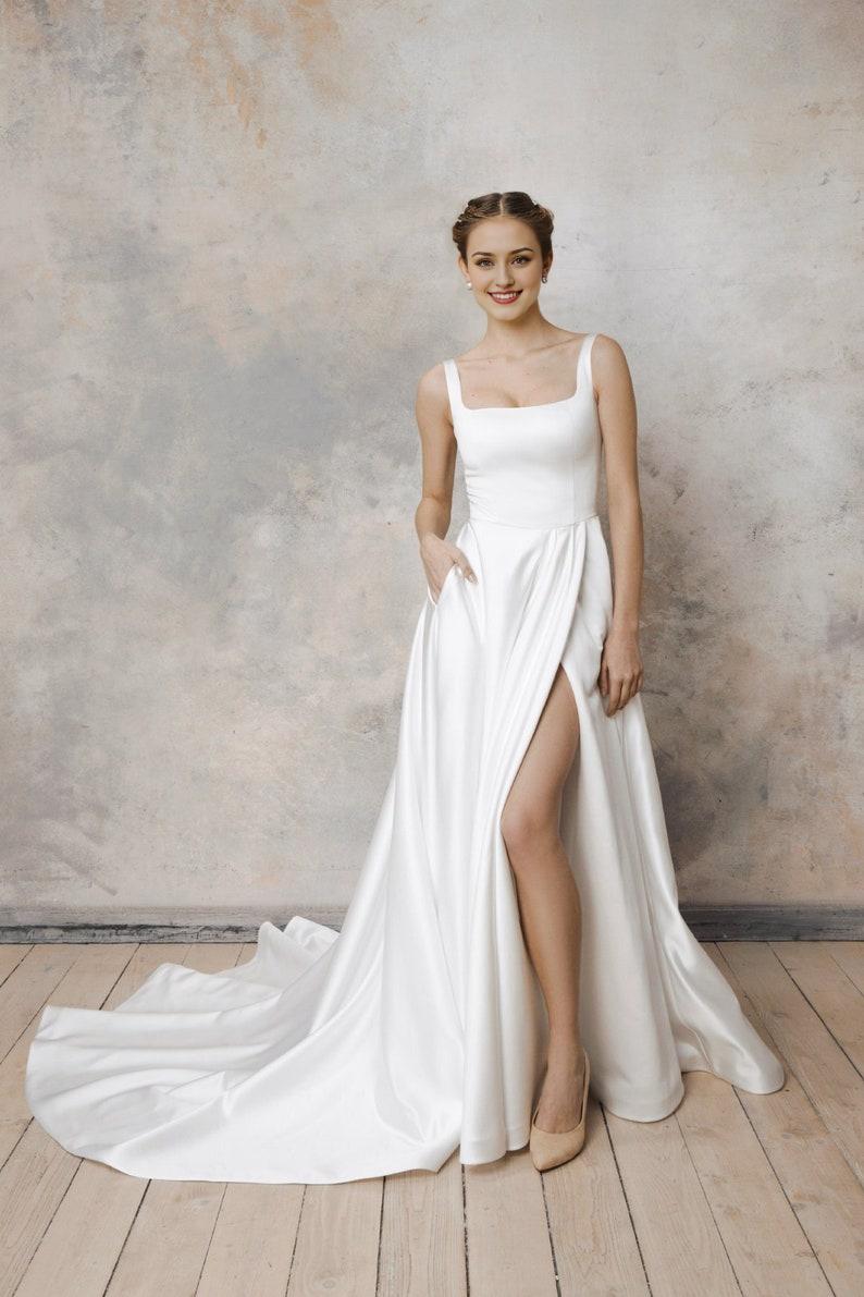 Satin low back wedding dress A-line wedding dress square neck wedding dress Satin wedding dress with pockets