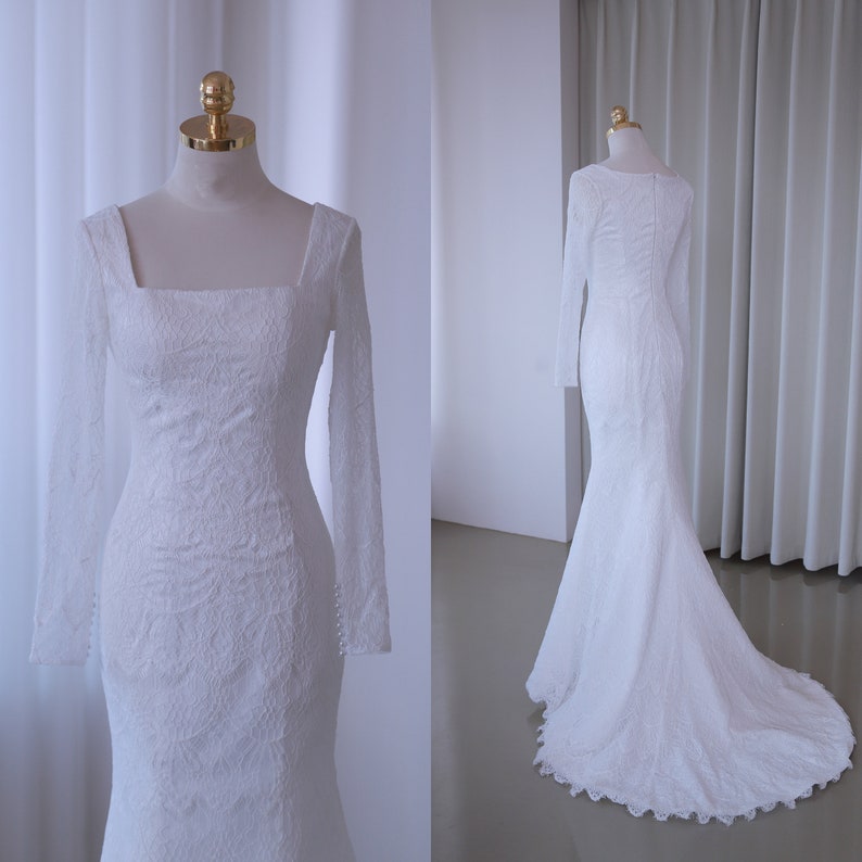 Square neck lace wedding dress with long sleeves fit mermaid bridal dress with small train wedding gown lace bridal dress beach wedding