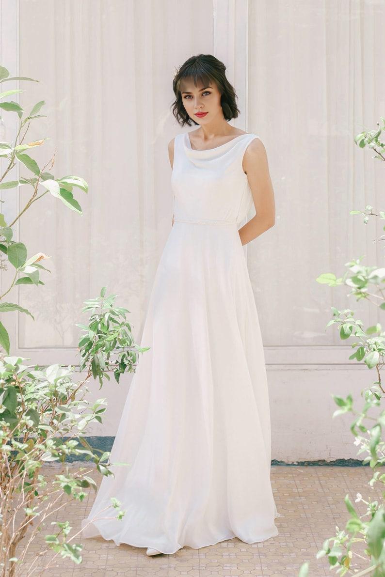 Chiffon Wedding Dress Cowl neck Wedding Dress Flowing Wedding Gown  A-line Dress  Open Back  Floor Length Dress
