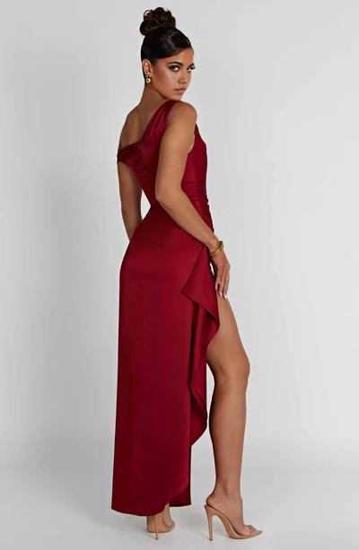 Asymmetric Straps Luxury Bias Cut Satin Long Front Slit Ruffle Detailing Formal Prom Dress