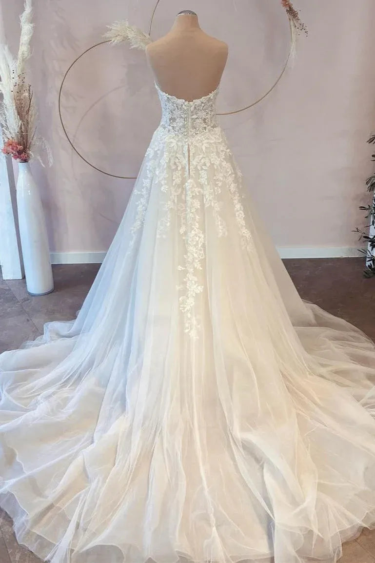 Wonderful Elegant Brush Train Strapless Sweetheart Lace Tulle A-Line Wedding Dress with Sheer Bodice