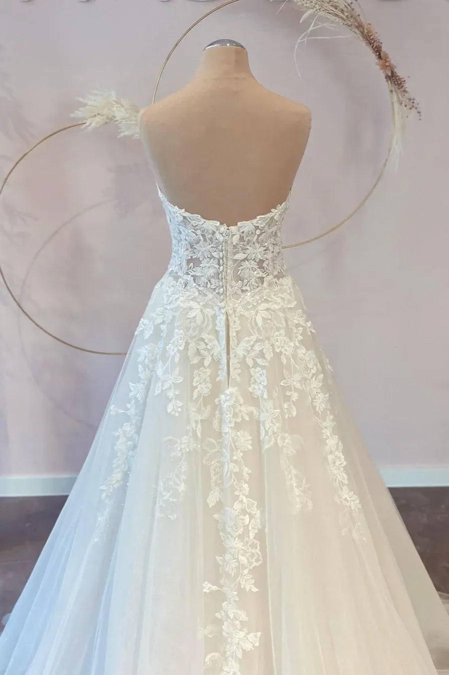 Wonderful Elegant Brush Train Strapless Sweetheart Lace Tulle A-Line Wedding Dress with Sheer Bodice