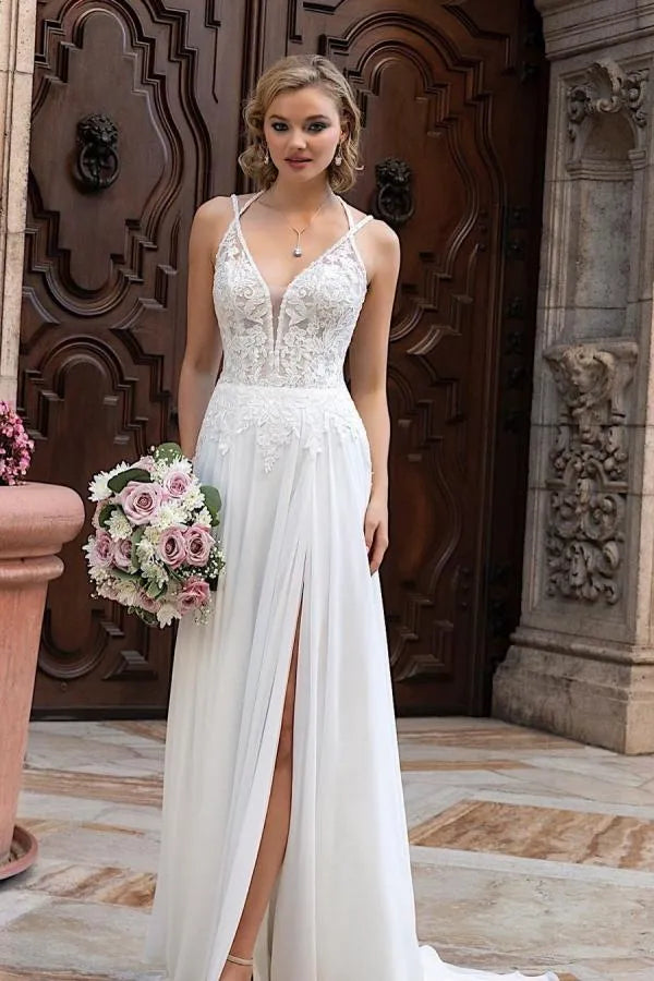 Wonderful Spaghetti Straps Double Spaghetti Strap Lace Chiffon A-Line Wedding Dress with Slit