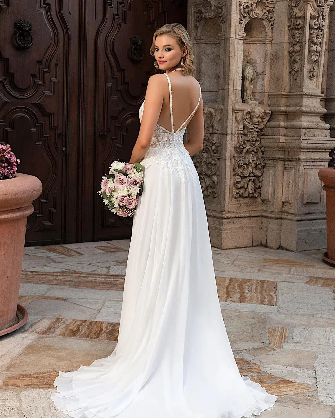 Wonderful Spaghetti Straps Double Spaghetti Strap Lace Chiffon A-Line Wedding Dress with Slit