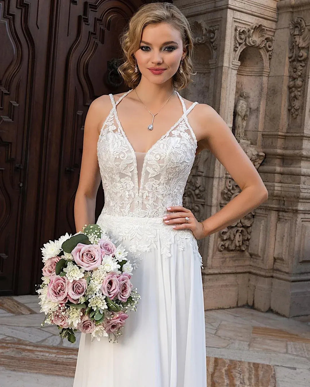 Wonderful Spaghetti Straps Double Spaghetti Strap Lace Chiffon A-Line Wedding Dress with Slit